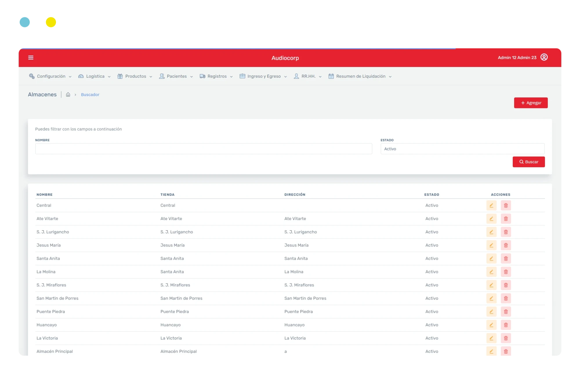 Almacenes y stock por tienda - ERP Audiocorp