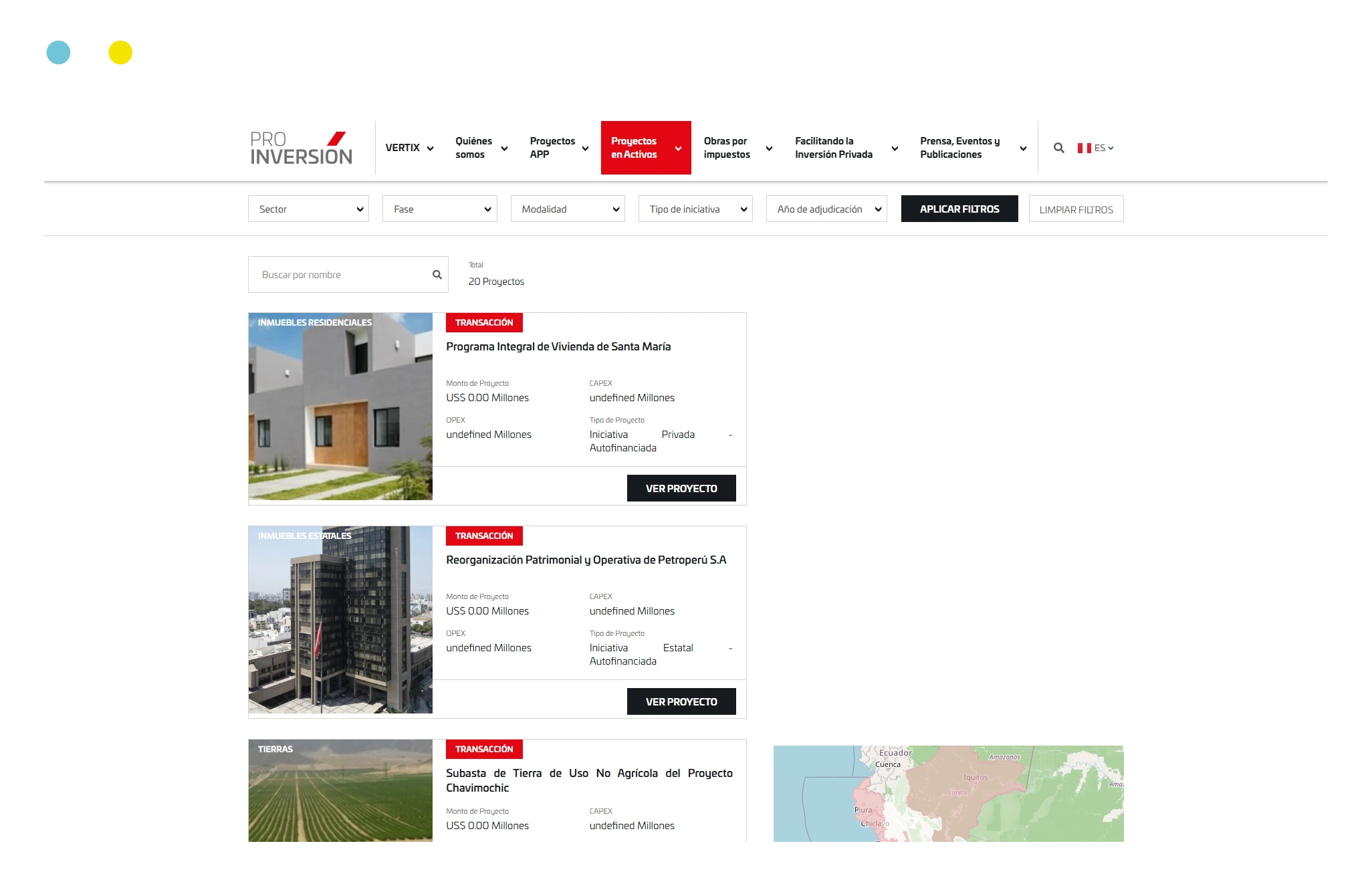 Listado de proyectos con filtros - ProInversión